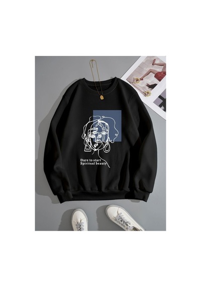 Herkesemoda Portre Baskılı Siyah 2 İplik Şardonlu Bisiklet Yaka Sweatshirt Siyah