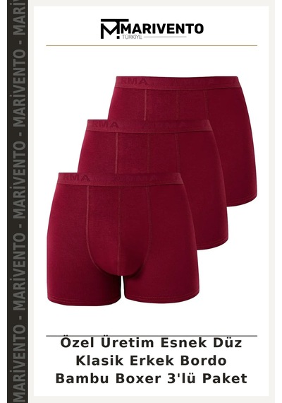 Marivento Özel Üretim Esnek Düz Klasik Erkek Bordo Bambu Boxer 3'lü Paket