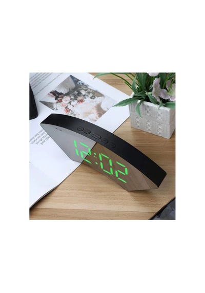Dekoratif Masaüstü Dijital Saat Kavisli Sıcaklık Tarih Ölçen Şık Usb Aynalı Led Işıklı Alarmlı Saat Siyah