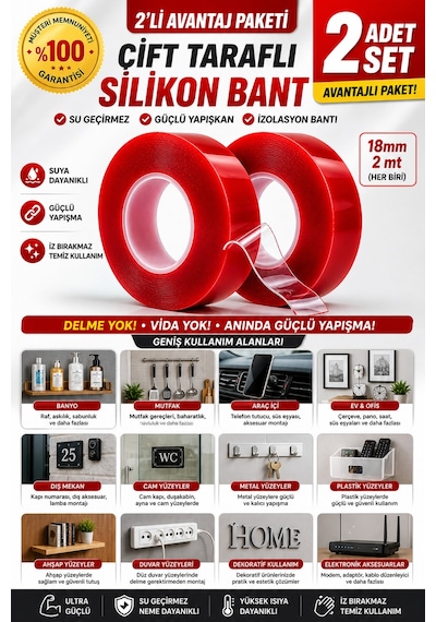 Çift Taraflı Bant 2 Metre 2 Li Set