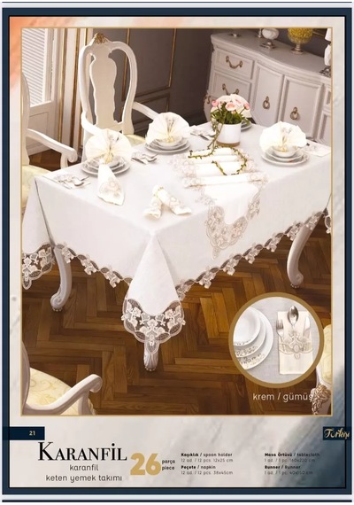 Krem-gümüş Karanfil Gardenya Keten 26 Parça Modern Sofra Takımı Supla Runner Çok Renkli