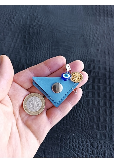 Mini Bebek Cevşen Dualı Kolye Muska Hakiki Deri El Yapımı Üçgen Mavi