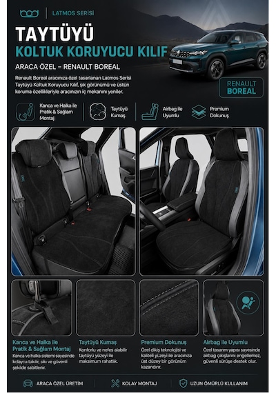 Bod Renault Boreal Oto Koltuk Koruyucu Kılıf 2026-sonrası Latmos Serisi Gri