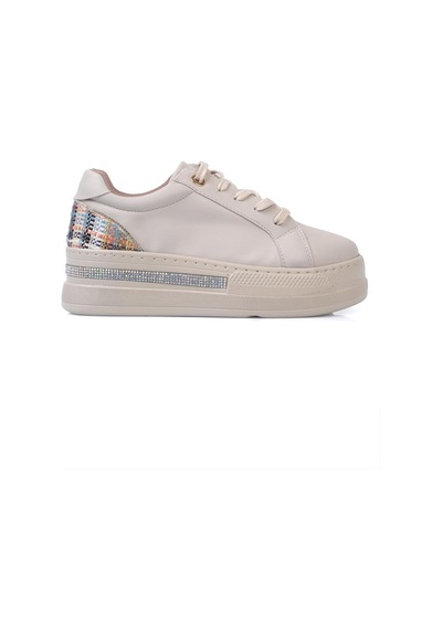 Shoetek Olala Kadın Sneakers Bağcıklı Arka Desenli Spor Ayakkabı Bej Deri Bej Cilt Bej