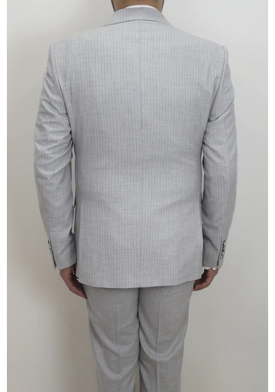 Moda Dmctekstil Erkek Çizgili İtalyan Kesim Dar Kalıp Tek Düğme Yelekli Takım Elbise Açık Gri