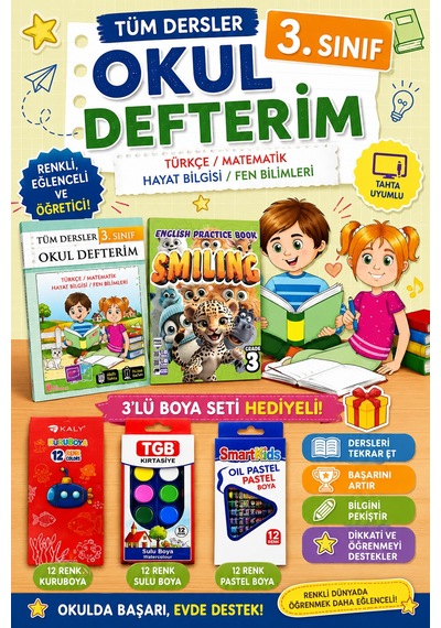 3.sınıf Okul Defterim + Smiling Practice Book Boya Seti Hediyeli