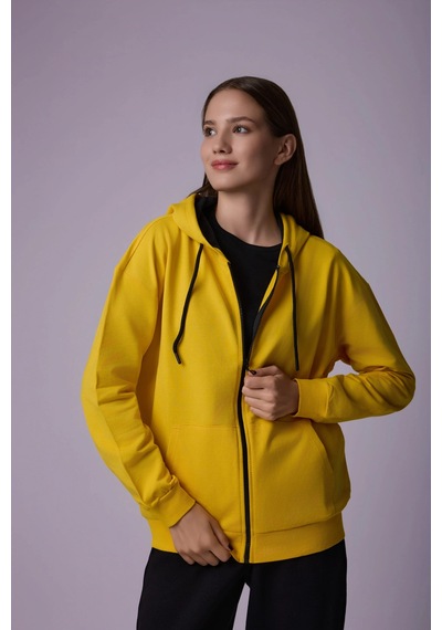 Defys Defy S Kadın Oversize Kapüşonlu Fermuarlı Cepli Sweatshirt Sarı - 527346818 Sarı