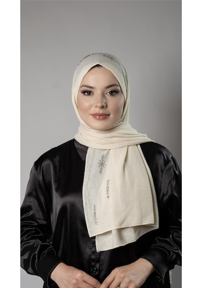 Hürrem Bone Krem Pratik Hazır Geçmeli Tesettür Şal Örme Kumaş Taşlı Yıldız Desenli 2118y 40