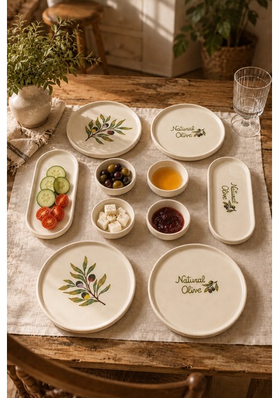 Oliva 10 Parça 4 Kişilik Seramik Kahvaltı Takımı Zeytin Desenli Kayık Tabaklı Sunum Seti Beyaz