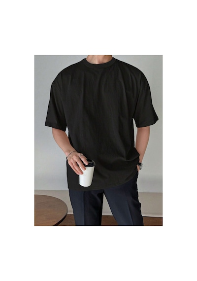 Tarz Cool Erkek Bisiklet Yaka %100 Pamuk T-shirt Siyah