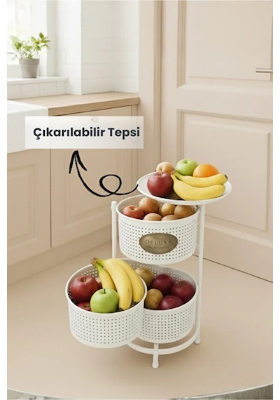 3 Katlı Tepsili Metal Sebzelik Açılır Metal Patates Soğan Meyvelik Sepeti Rafı Beyaz Beyaz