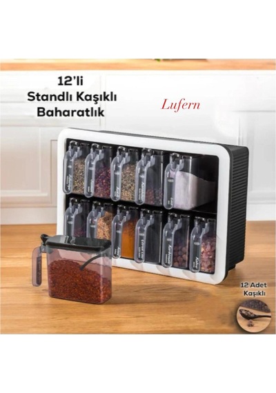 Özel Tasarım 12'li Standlı Kaşıklı Baharatlık Seti Mutfak Pratik Modern Bölme Şeffaf Kap Çeşit Çok Renkli