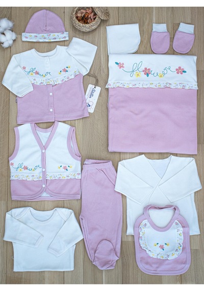 Sitilin Kız Bebek Natural Pembe İşlemeli süslü Lüks 10 Lu Hastane Çıkışı Set STL6065 Çok Renkli