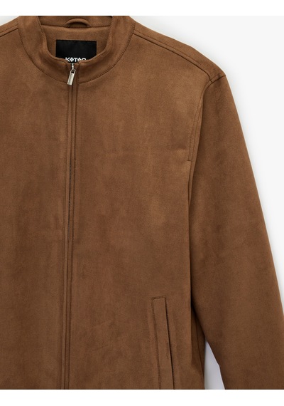 Koton Uzun Kollu Dik Yaka Cepli Fermuarlı Slim Fit Kahverengi Suni Süet Bomber Ceket Bej 6sam20026hw Ekru
