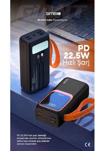 Simex S-36 Giant 30.000 Mah Prime Dijital Göstergeli Hızlı Şarj Powerbank