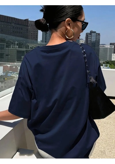 Kadın Lacivert Classical Ön Baskılı Oversize T-shirt Lacivert