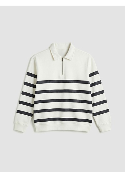 Lcw Vision Beyaz Polo Yaka Çizgili Erkek Kalın Sweatshirt