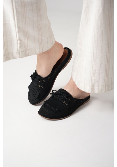 Dadwolf Süet Loafer Terlik Püsküllü Bağcıklı Günlük Makosen Mule Sabo Terlik Siyah