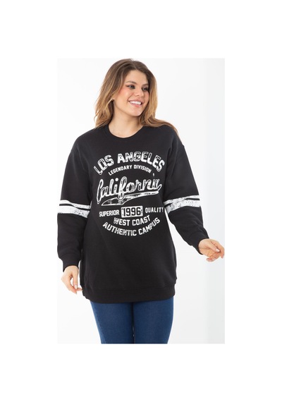 Şans Kadın Büyük Beden Siyah İçi Şardonlu Üç İplik Sweatshirt 65n37295-siyah Siyah