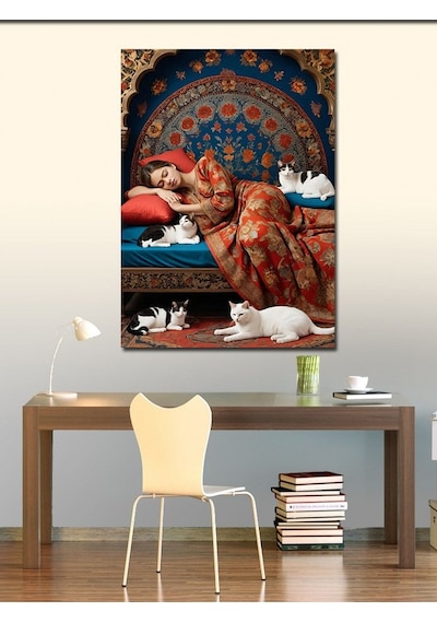 Kanvas Tablo Kediler Ve Renkli Kadın 50cmx70cm