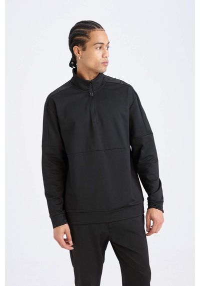 DeFactoFit Standart Fit Dik Yaka Fermuarlı Skuba Dalgıç Kumaş Sporcu Sweatshirt D7305AX25SPBK81