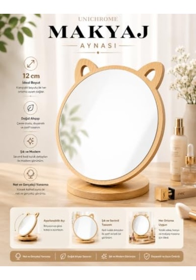 Unichrome Kedi Ayna Ahşap Standlı Masa Üstü Makyaj Aynası Make Up 14 Açık Bej