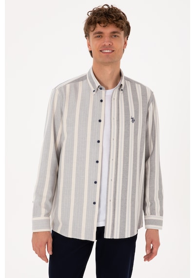 U.S. Polo Assn. Erkek Krem Çizgili Uzun Kollu Lacivert Gömlek 50316558-VR033 U.S. Polo Assn. Erkek Krem Çizgili Uzun Kollu Lacivert Gömlek 50316558-VR033