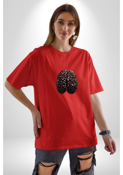 Kuru Kahve Çekirdeği Beyin Pamuklu Bisiklet Yaka Unisex Oversize Boyfriend Dijital Baskılı Kırmızı T-shirt Kırmızı