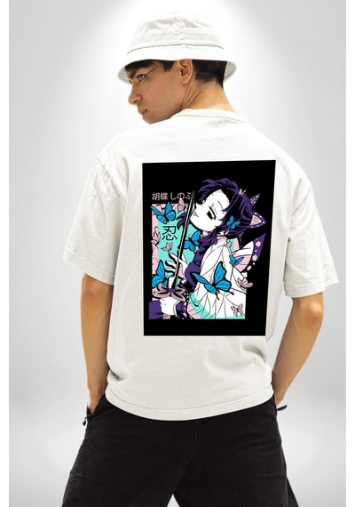 Shinobu Kocho Demon Slayer Beyaz Oversize Unisex Ön Ve Sırt Baskılı Tişört Beyaz