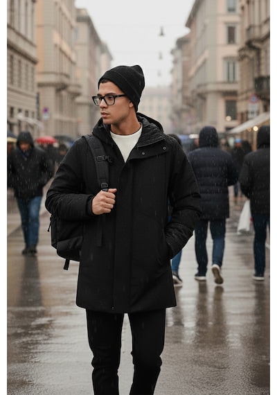 Buratti Astarlı Regular Fit Fermuar Ve Çıtçıt Düğmeli Kapüşonlu Erkek Mont 497Roma Siyah