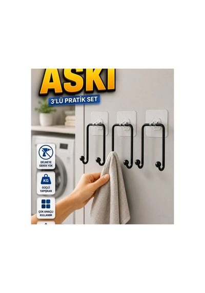 3 Lü Yapışkanlı Duvar Askısı Çok Amaçlı Askılık Seti Renkli