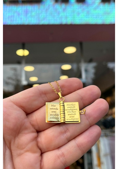 Sevgiliye Özel Tasarım Şiirli Kitap Kolye Sensiz Kışları Yazdım, ... Altın
