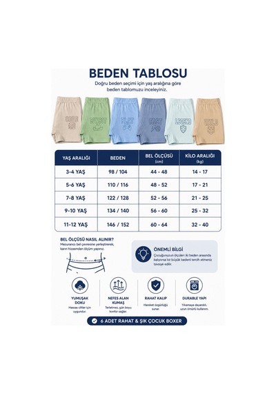 Westicgiyim 6 Lı Erkek Çocuk Boxer Seti Pamuklu Yumuşak Kumaş Esnek Bel Baskılı Renkli İç Çamaşırı 3-12 Yaş Çok Renkli