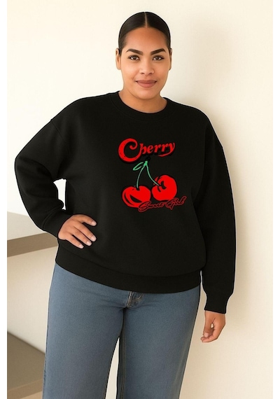 Benroma 3 İplik Penye Cherry Kiraz Baskılı Büyük Beden Unisex Sweatshırt Siyah