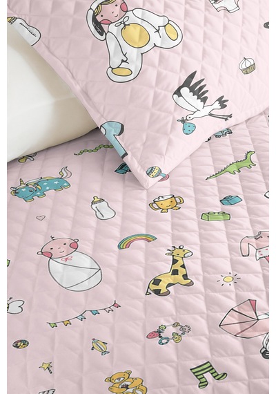Evimde Bambaşka Pembe Pastel Oyuncak Kız Çocuk Pike Takımı - Sevimli Bebek Odası Mevsimlik Yatak Örtüsü - 160x220  CM