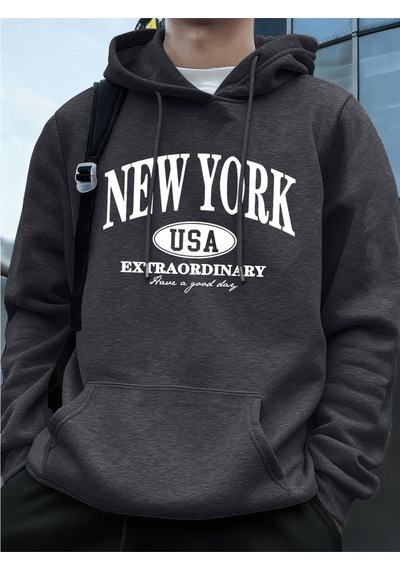 Startmore Startmorenew York Abd Kelimeler Baskılı Erkek Sweatshirtleri Kışlık Oversize Kapüşonlu Üstler Spor Cep Antrasit