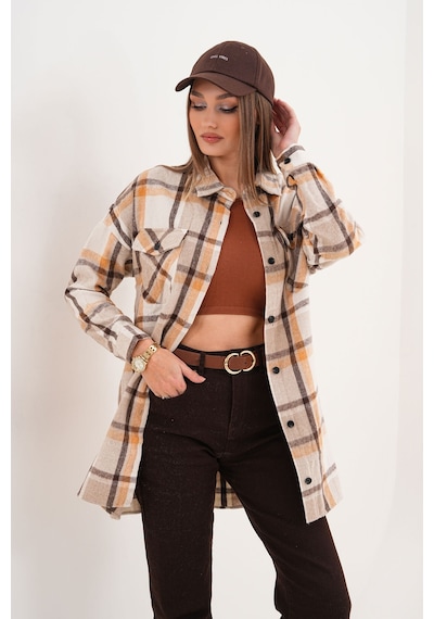 Polologin Butik Kadın Oduncu Çift Cepli Cep Kapaklı Kahverengi Bej Araboy Spor Gömlek Bej