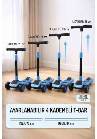 3 Tekerlekli Çocuk Scooter 4 Kademeli Ayarlanabilir Işıklı Ve Müzikli Katlanabilir Çocuk Scooter Mavi
