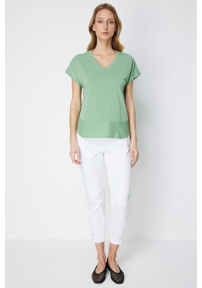 On Kadın V Yaka Parçalı T-shirt 71475 Haki