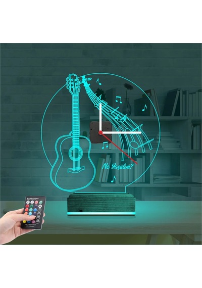 Luvivia Gitar Müzik Nota Kişiye Özel Saatli 3d Lamba - Masa Gece Lambası Şeffaf