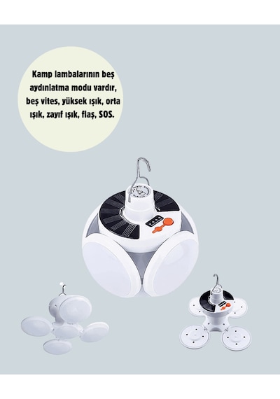 Ucuztekno Güneş Paneliyle Şarj Olan Katlanabilir Led Çadır Lambası - 5 Kademeli Aydınlatma Renkli