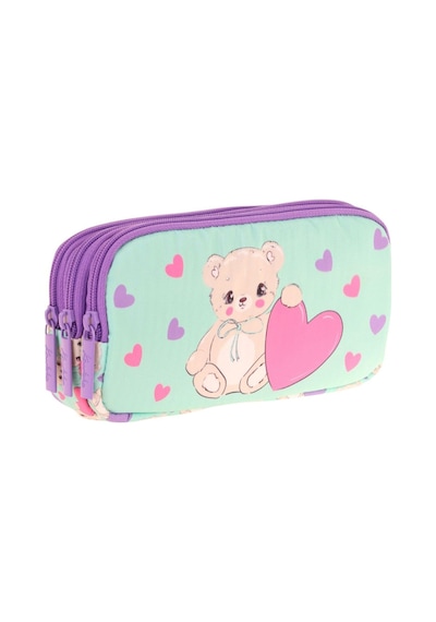 Kaukko Kids Yeşil Mor, Sevimli Ayıcık, Kız Çocuk Üç Gözlü Okul Kalem Çantası - L8239 Yeşil - Mor