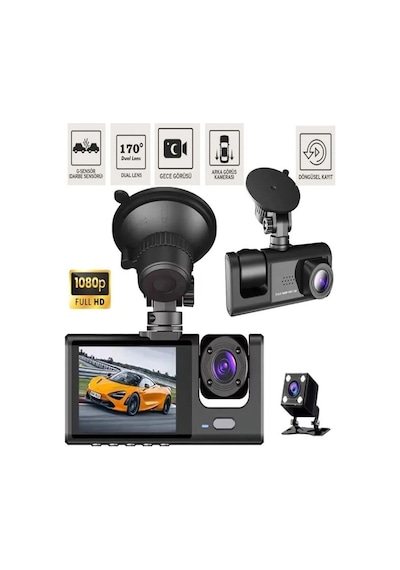 1080p 3 Kameralı Araç İçi Kamera Ips Ekranlı Ultra Geniş Açılı Gece Görüşlü G Sensörlü