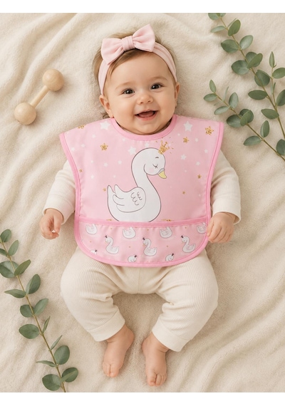 Set Kısa Kollu Bağlamalı Ayarlanabilir Sıvı Geçirmez Aktivite ve Mama Önlüğü Kuğu & Sevimli Ayıcıklı Çok Renkli 2'li