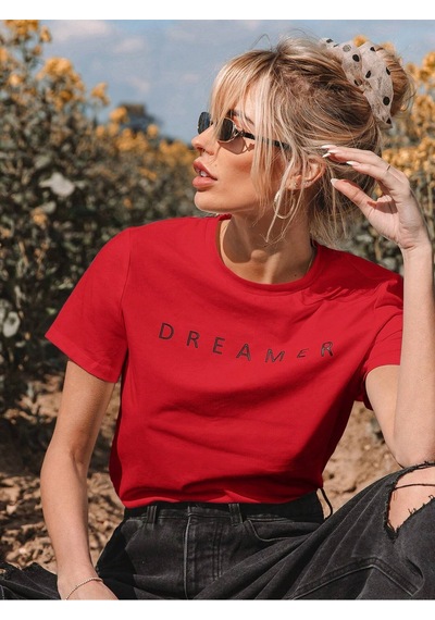 Dreamer T-shirt - Kırmızı Baskılı Oversize Bisiklet Yaka Kısa Kol Tişört Kırmızı