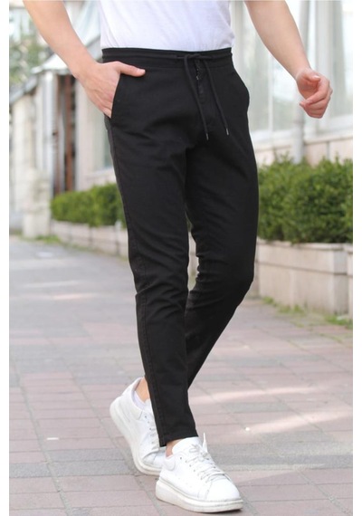 Tarz Cool Siyah Erkek Eganis Ipli Jogger Düğmeli Kumaş Pantolon Siyah