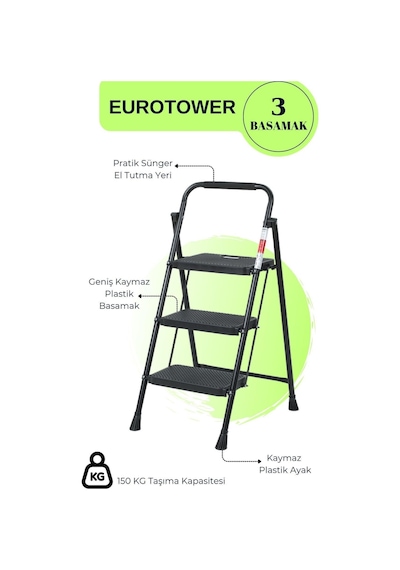 Eurotower 3 Basamak Özel Tasarım Geniş Basamaklı Siyah Merdiven 3+1