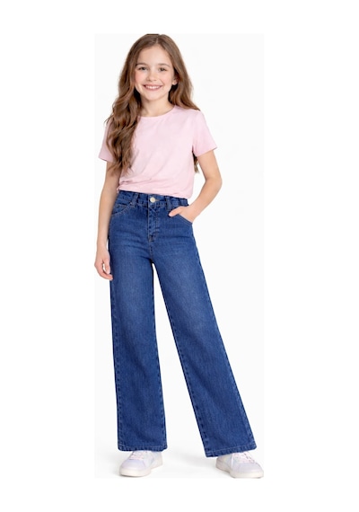 İrem Çocuk Giyim Kız Çocuk Geniş Paça Model Likralı Mavi Renk Düz Kot Pantolon Mavi