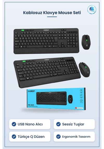 Klavye Mouse Seti Kablosuz Usb Sessiz Türkçe Q Nano Alıcılı Ev Of Optik