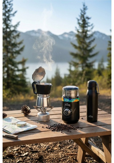 Any Morning Espresso Seti: 240 Ml Moka Pot + 600 Ml Çelik Termos + Elektrikli Ayarlanabilir Öğütücü